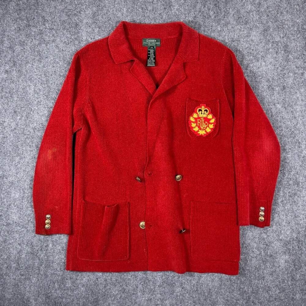 Lauren Ralph Lauren Knit Blazer Women Petite P Red Crest Gold Button Cardigan